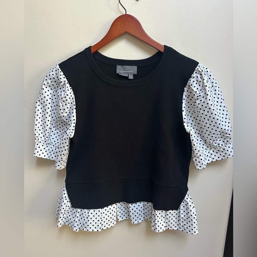 Anthropologie Polka Dot Puff Sleeve Top